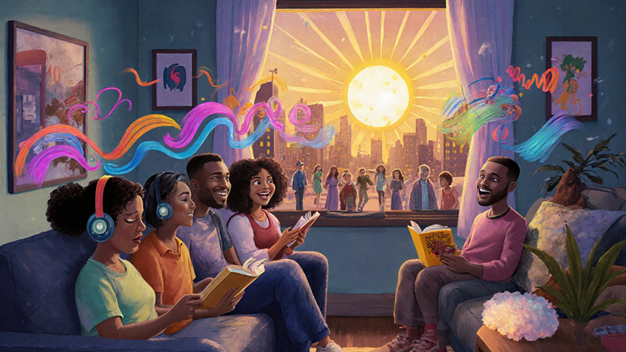 A group of people in a calm home, surrounded by soothing sound ribbons as daily noises become peaceful.