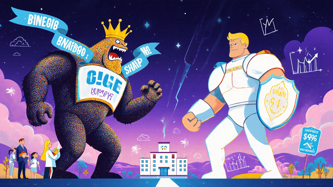 A heroic generic pill battling a flashy brand-name monster, set against a backdrop of hospitals and savings graphs in a cinematic cartoon style.