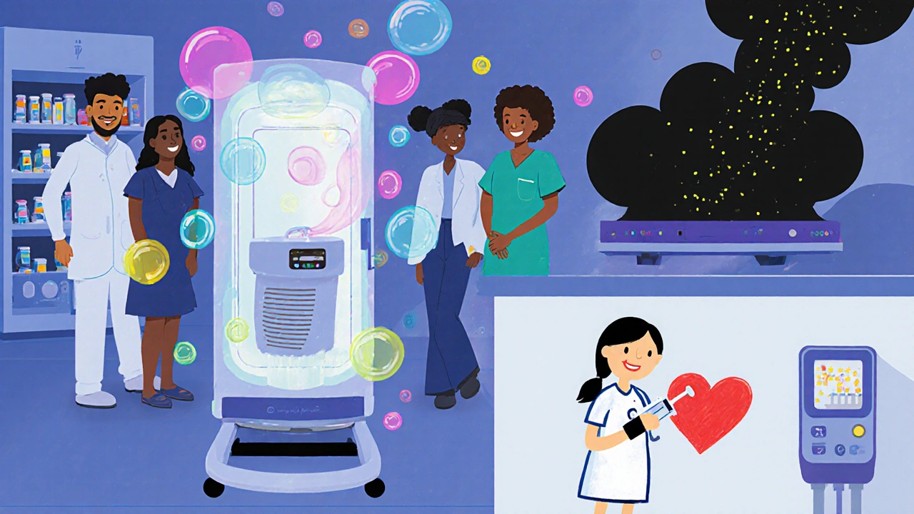 A high-tech safety device protecting healthcare workers from hazardous drugs, with a hopeful child’s drawing on the wall.