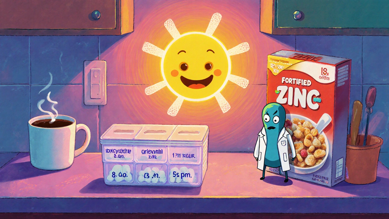 A kitchen counter with pill organizer showing antibiotic and zinc spaced 5 hours apart, with a smiling sun and cereal box.