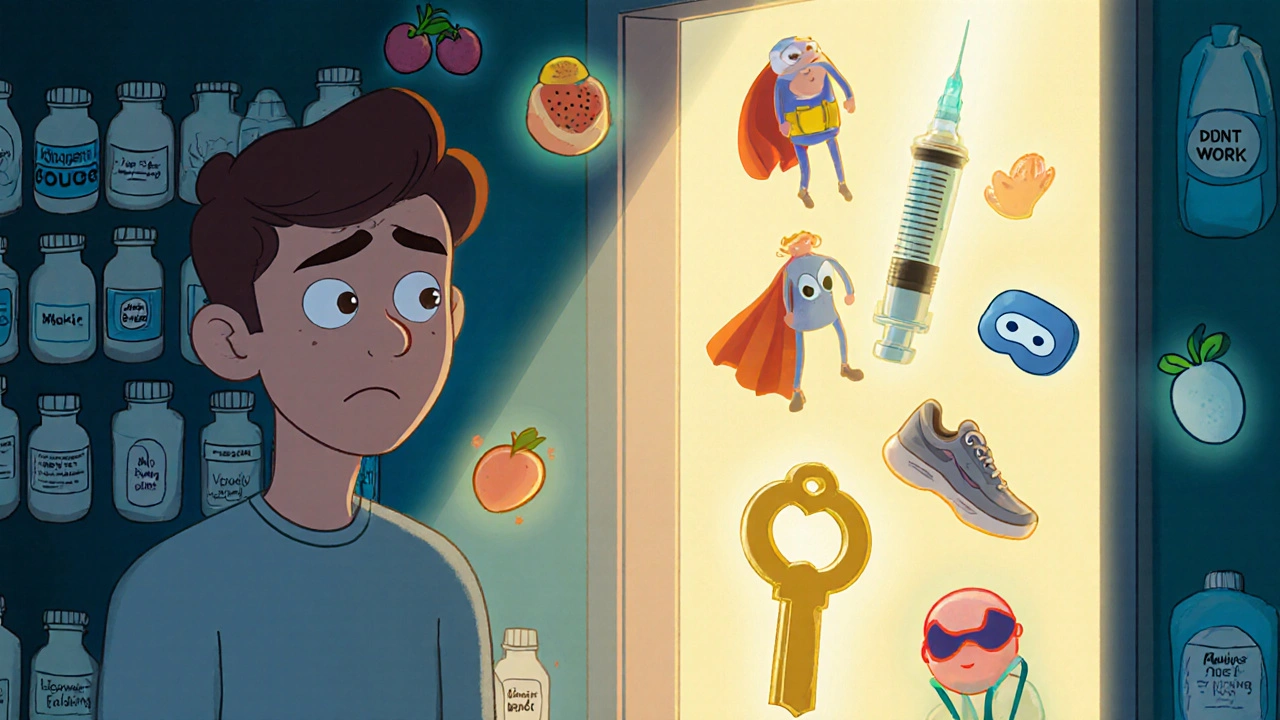 A man facing failed pills while a doorway reveals alternative ED treatments like injections and lifestyle icons