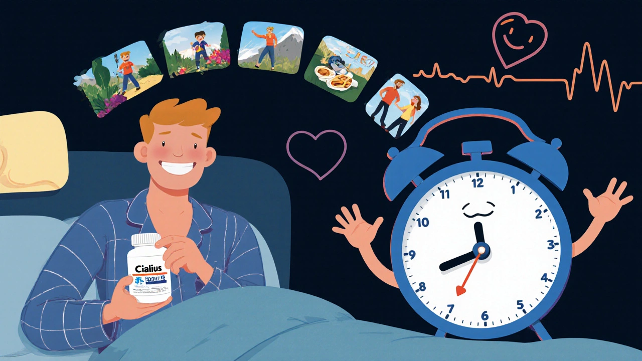 A man holding Cialis with a cartoon clock showing 36 hours of activity across a day