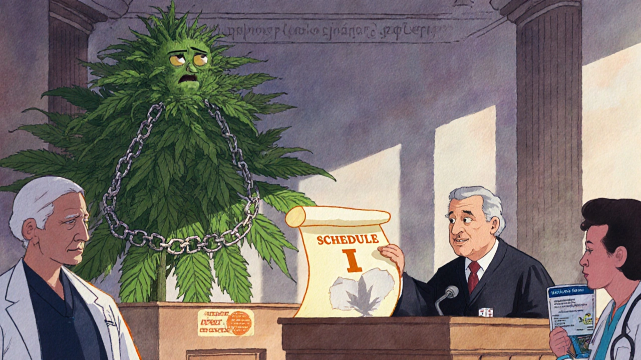 A marijuana plant on trial in a courtroom, labeled Schedule I, while a judge holds a Schedule III verdict.