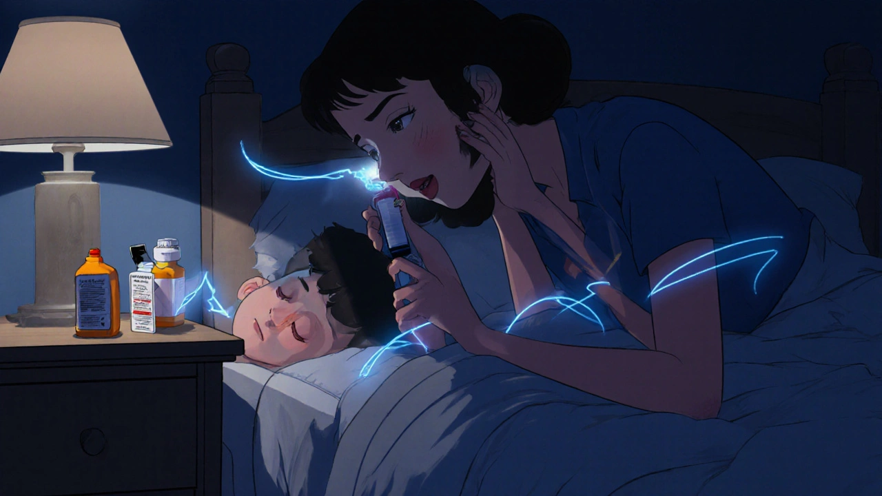 A mother administering naloxone to her son at night, second kit visible on the nightstand.