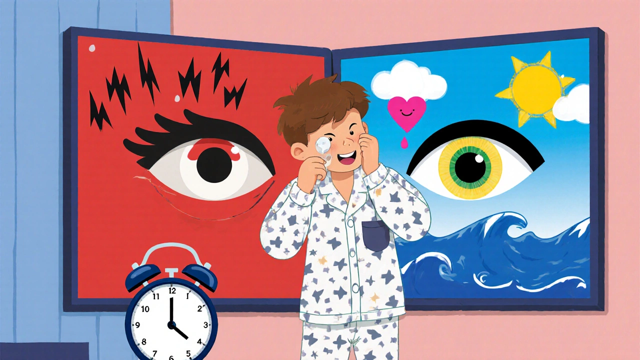 A patient applying eye drops at home, with a before-and-after cartoon comparison of eye pressure.