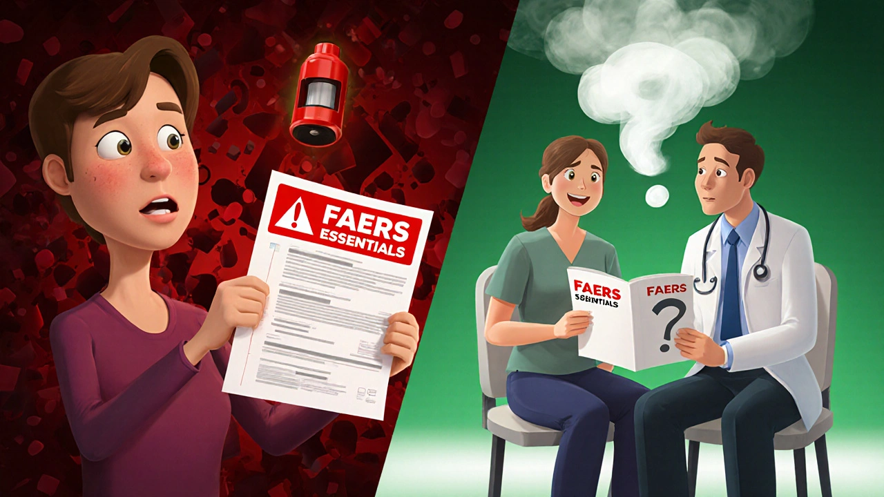 A patient transitioning from fear of drug reports to calm consultation with their doctor.