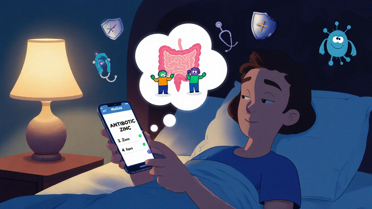 A patient using a phone app to time antibiotic and zinc doses, with a friendly intestine illustration above.
