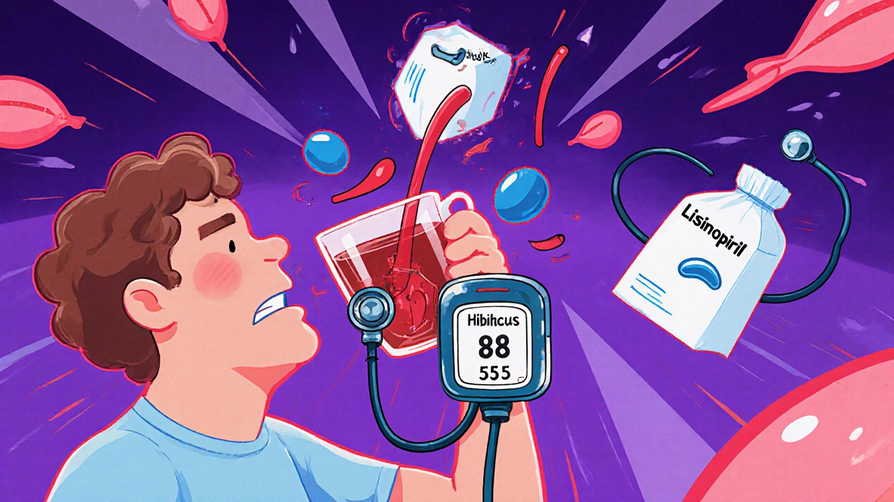 A person drinking hibiscus tea as their blood pressure drops dangerously low, with collapsing arteries.