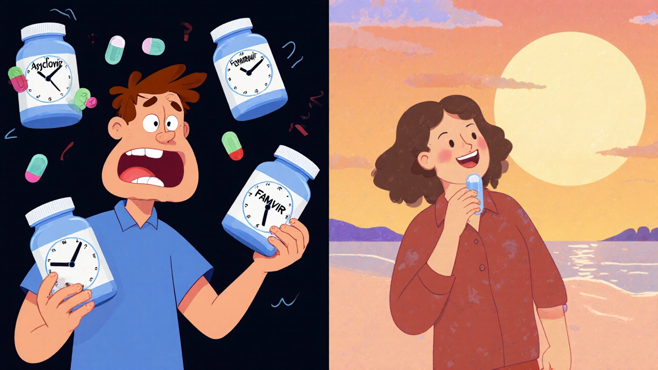 A person taking one Famvir pill versus another juggling five acyclovir pills with a ticking clock.