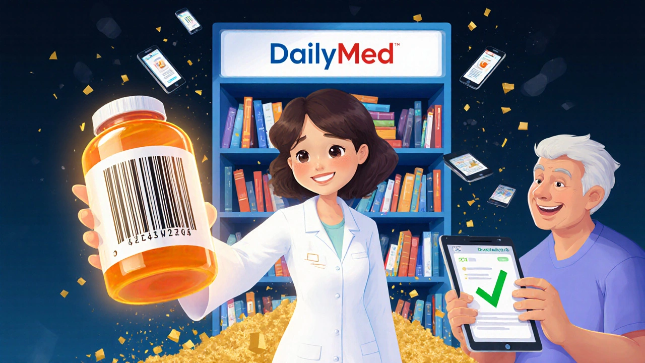 A pharmacist pulling a glowing pill bottle from a digital bookshelf labeled DailyMed, while outdated apps crumble behind her.