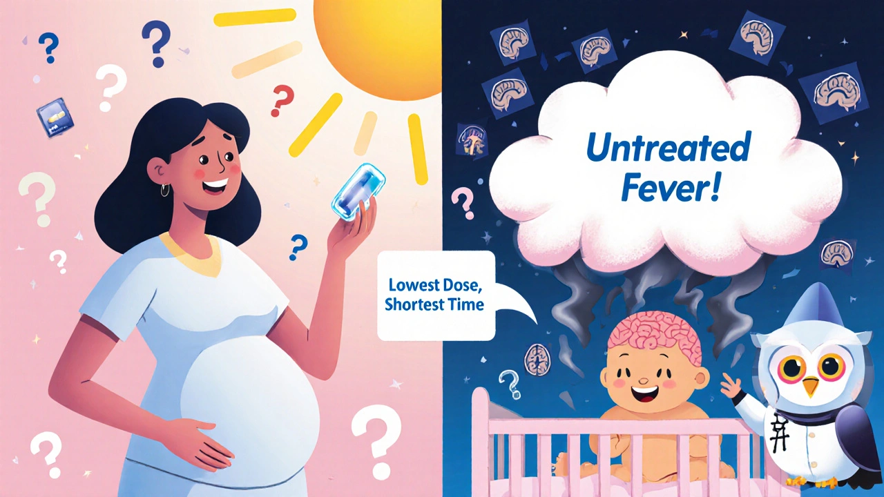 A pregnant woman holds a Tylenol tablet as a healthy baby and a storm cloud representing fever appear beside her.