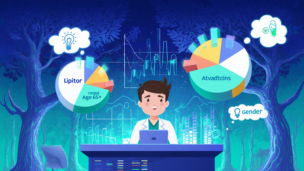 A researcher comparing drug side effects using floating pie charts and forest plots.