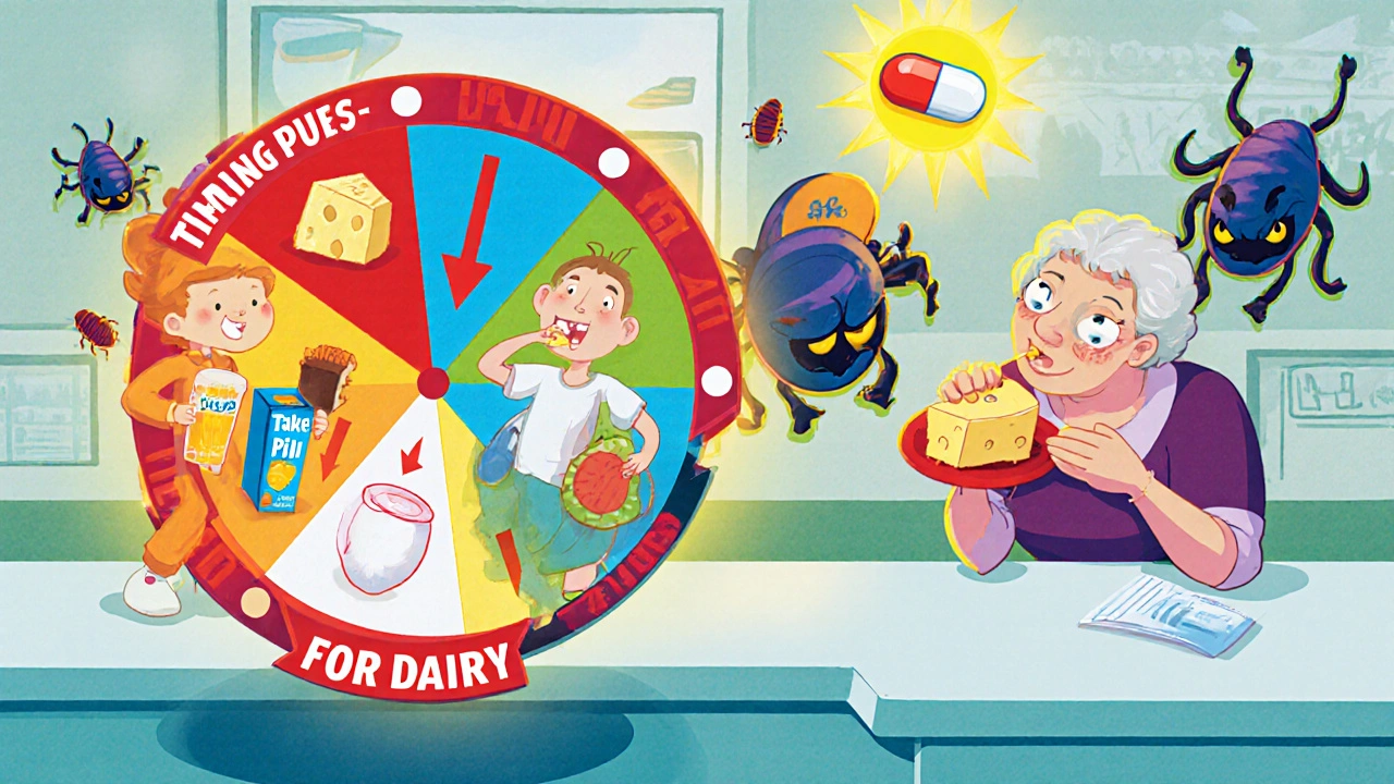 A spinning pharmacy timing wheel with characters frozen near dairy products, warning of interactions.