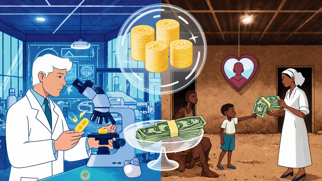 A split scene comparing a lab testing a generic HIV pill with a nurse giving it to a child, both pills glowing with equal energy.