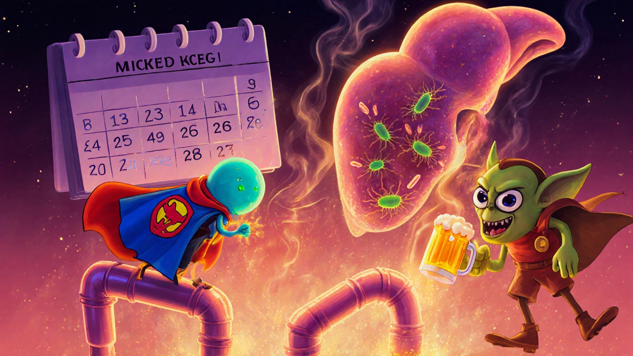 A superhero immune cell battling bacteria while an alcohol goblin disrupts the liver’s function.