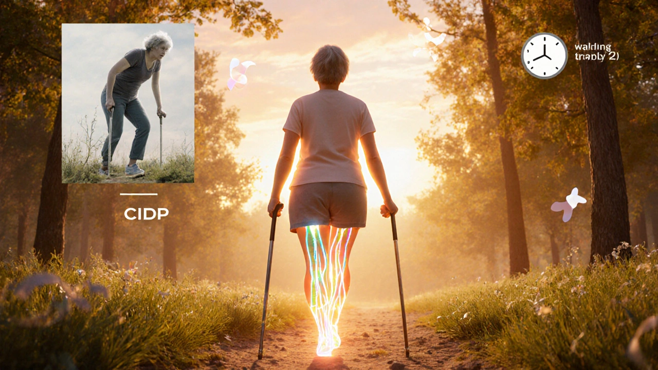 A woman walking confidently after IVIG therapy repairs her nerves, with past and future scenes shown in a dreamlike forest trail.