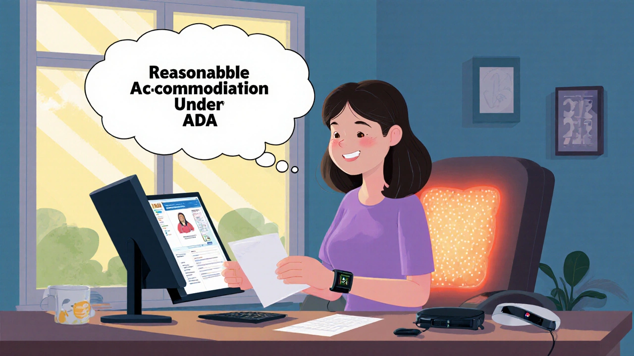 A woman working from home with ergonomic tools and a wearable device.