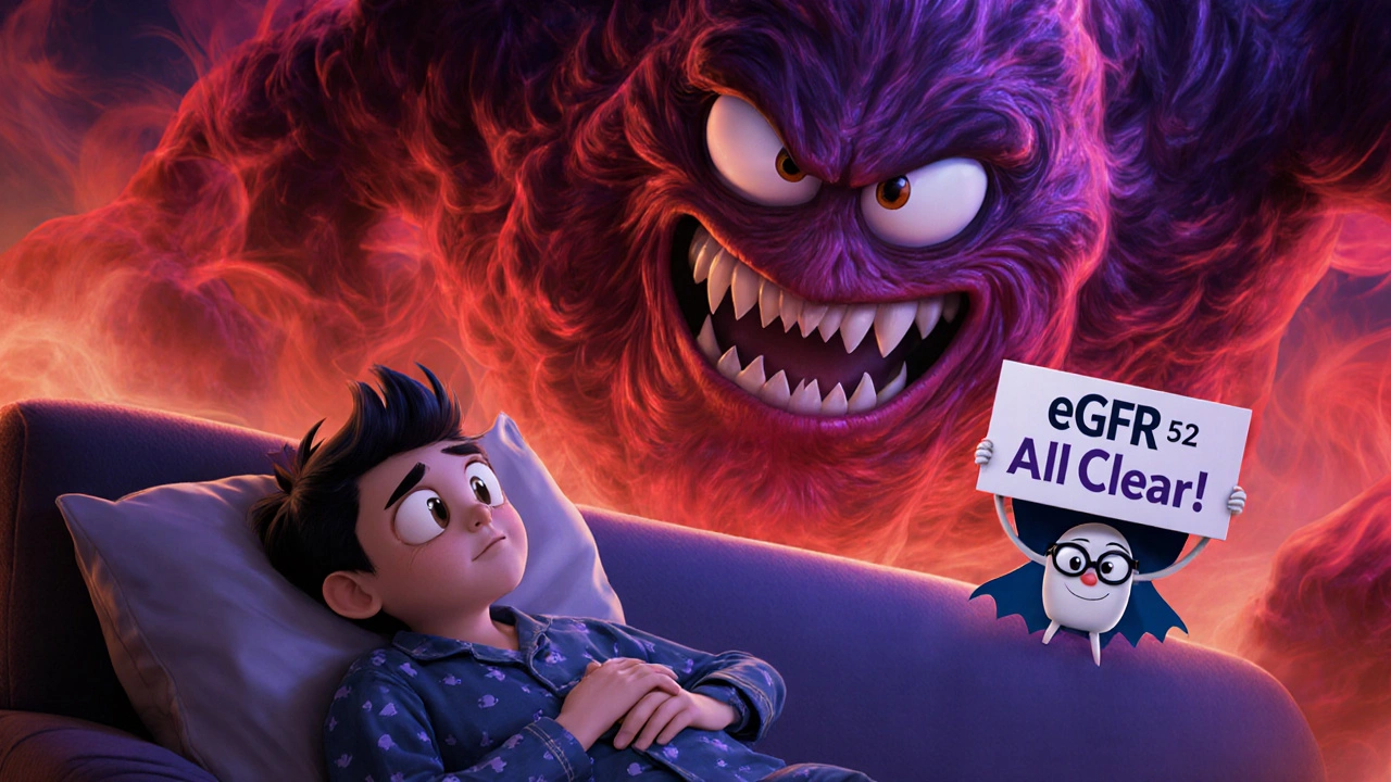 A worried person on a couch with a scary lactic acidosis monster, while a brave kidney holds up a safety sign.