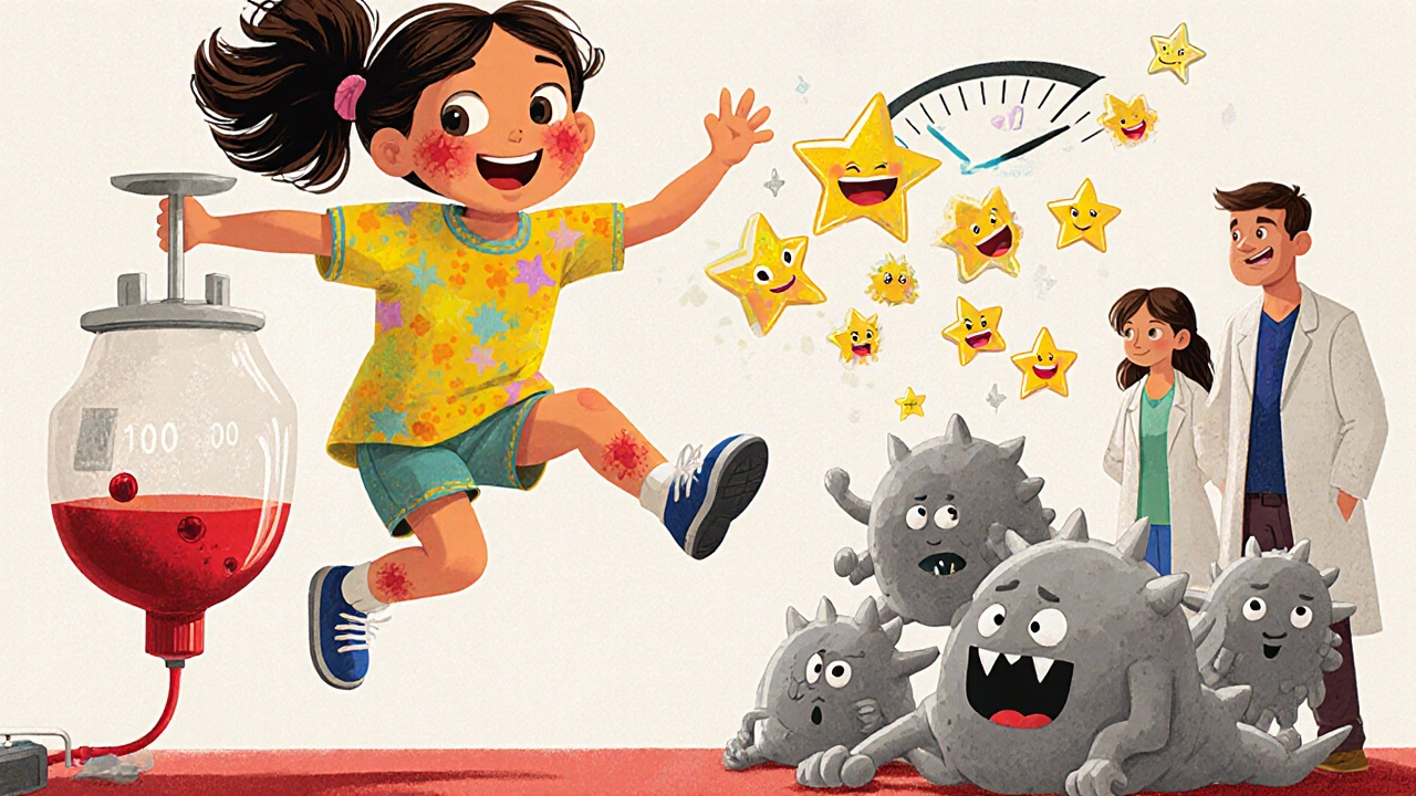 A young girl happily returning to school after IVIG treatment boosts her platelet count, with fading bruises and glowing platelets.