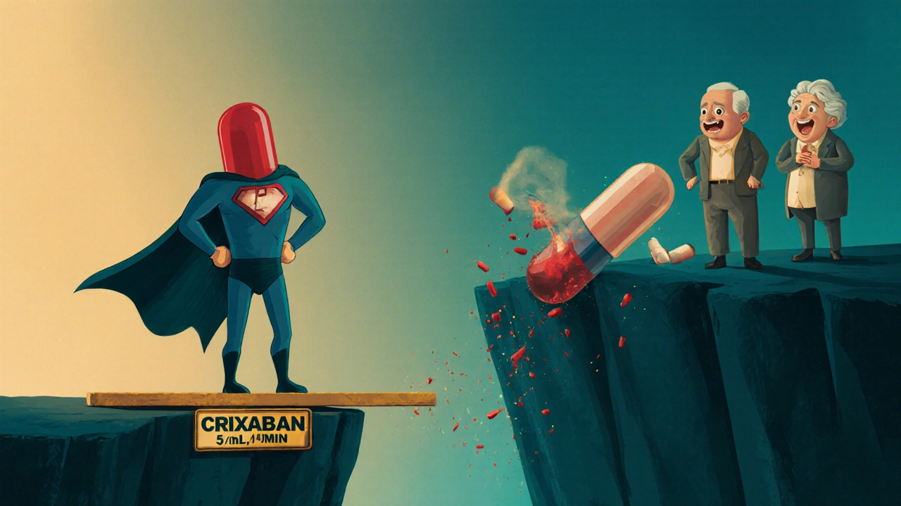 Apixaban pill as a superhero saving a patient while other blood thinners fall off a cliff.