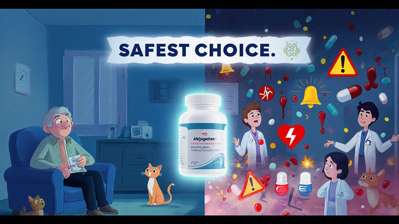 Calm home scene with apixaban versus chaotic ER scene with rivaroxaban and dabigatran, highlighting safety differences.