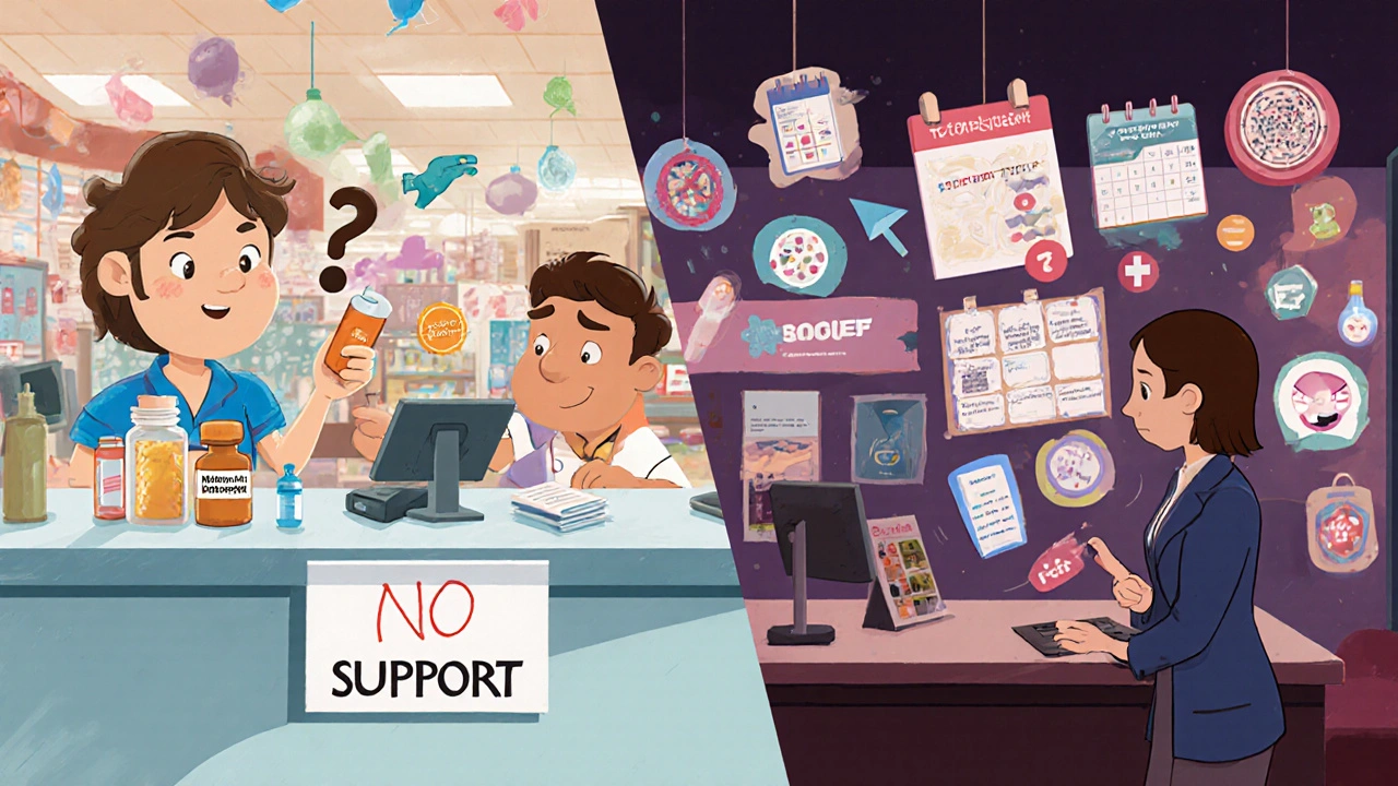 Contrasting scenes: confused patient at retail pharmacy vs. supported patient in calm specialty pharmacy with care icons.