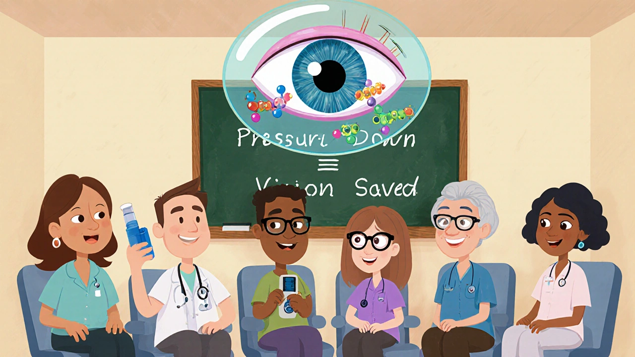 Diverse patients in a clinic, with a transparent eye showing betaxolol blocking fluid production.