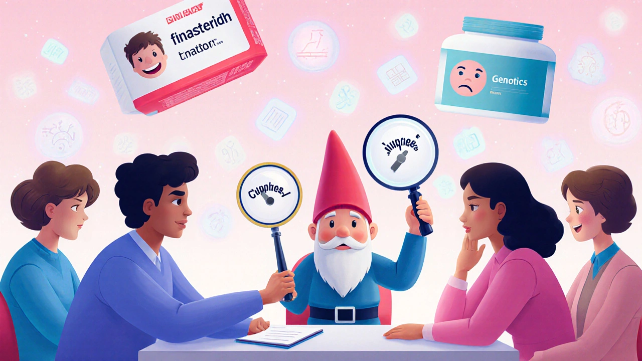 Diverse patients with floating drug labels showing smiling or frowning faces, a gnome adjusting a genetics dial, and frequency icons in soft colors.