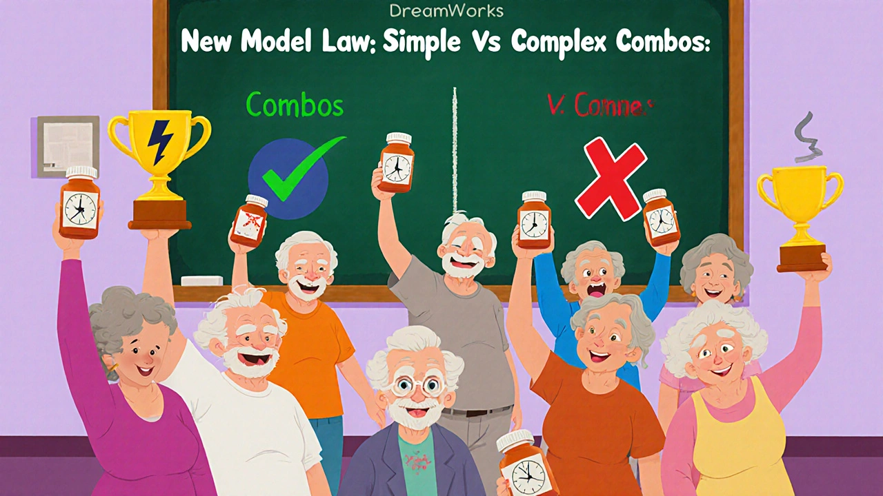 Elderly patients holding different combination drug bottles, with a chalkboard showing new substitution rules.