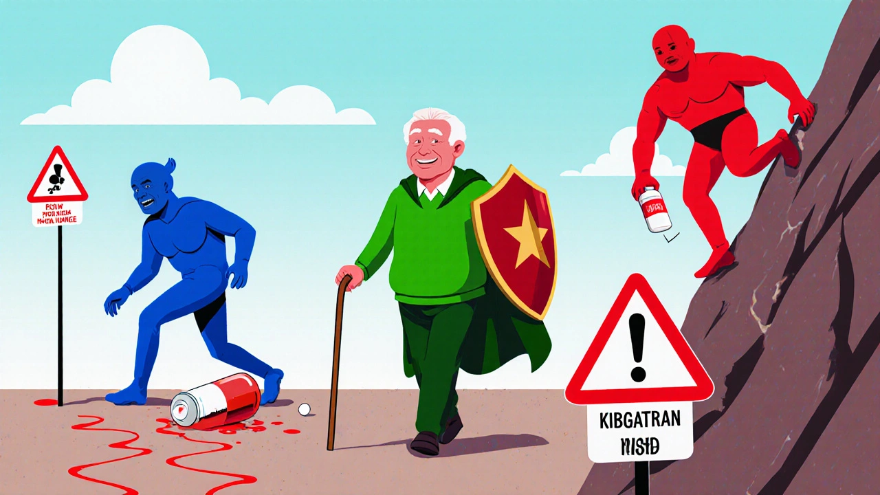 Elderly person guided by apixaban past GI bleed warnings, while other pills struggle with kidney and stomach hazards.