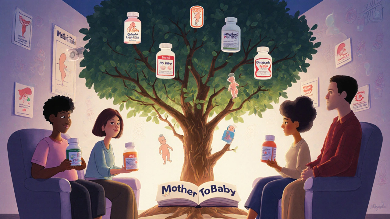 Expectant parents sit in a cozy room as a magical tree grows from a book, showing how medications affect pregnancy.