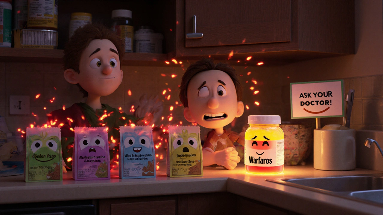 Multiple herbal tea bags with faces causing warnings around a warfarin bottle, pharmacist nearby.