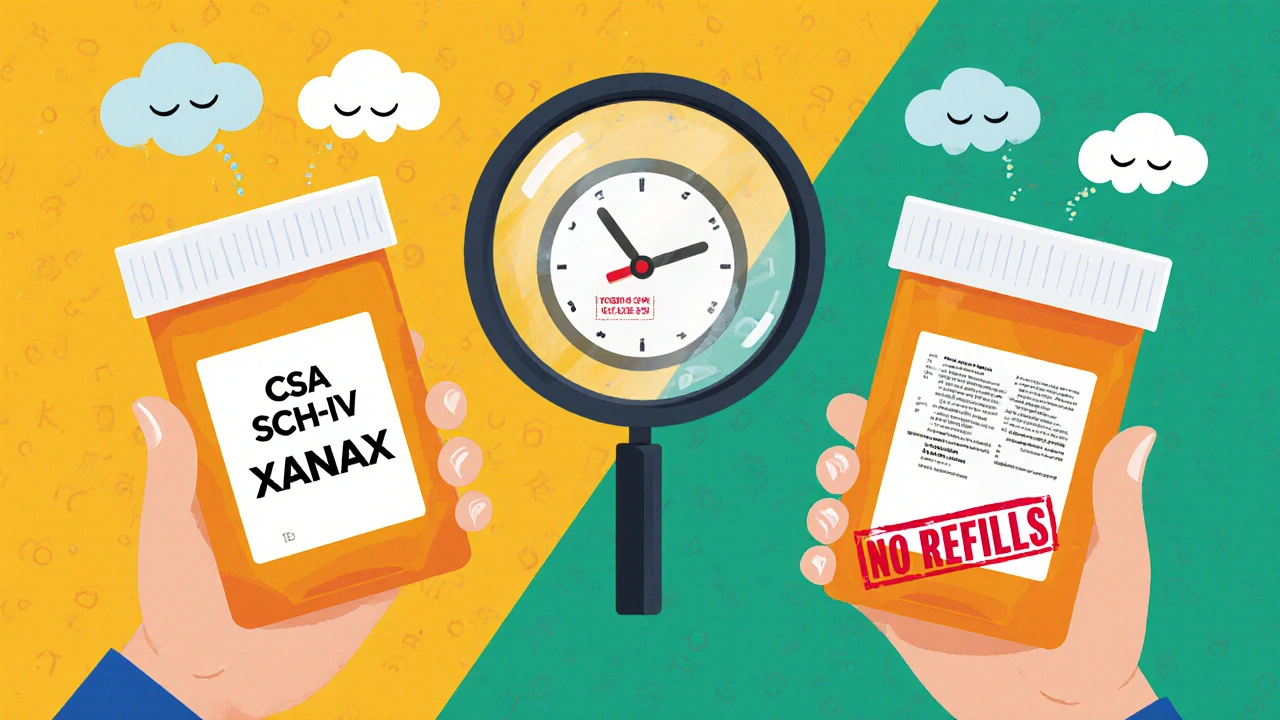 Patient holding two prescription bottles labeled CSA SCH IV and CSA SCH II with refill warnings and ticking clock.