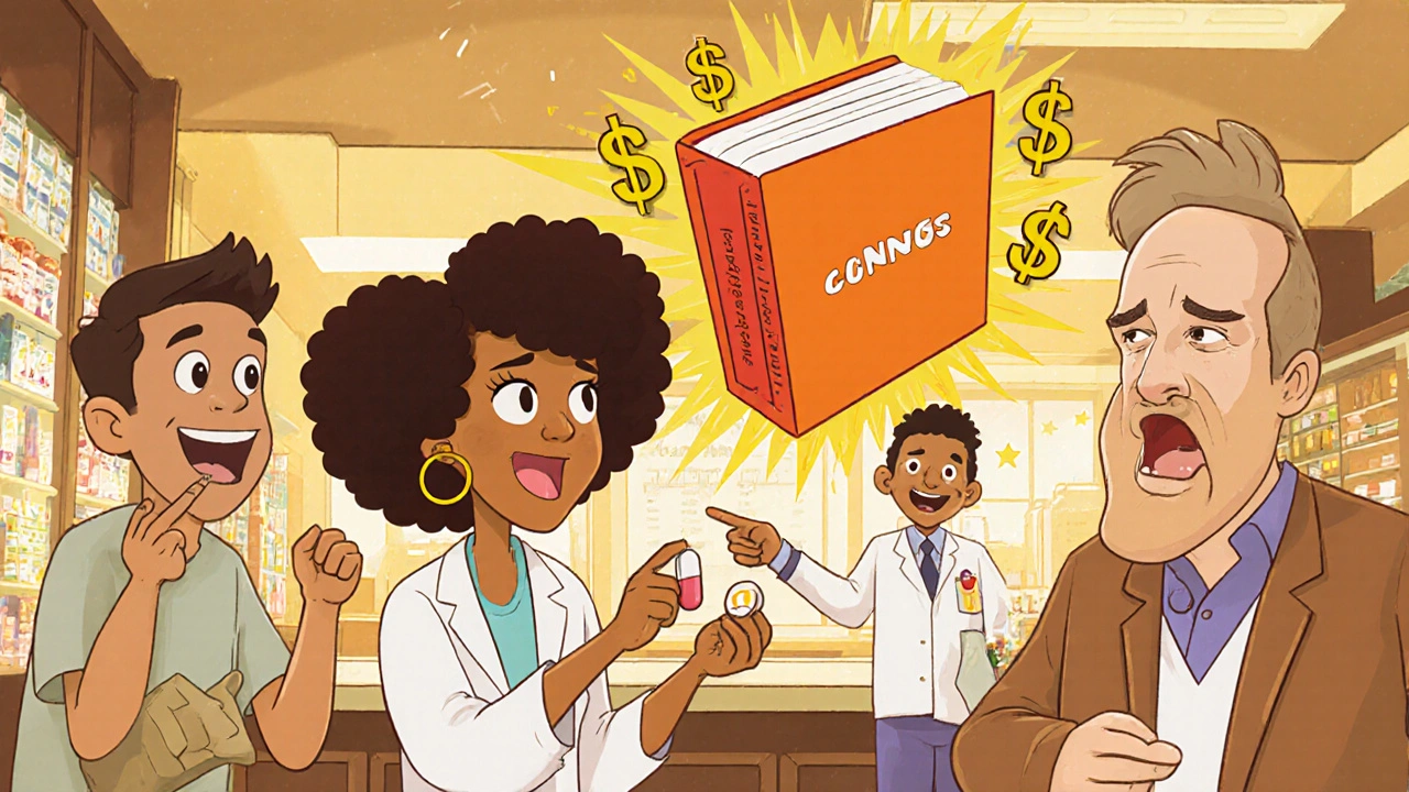 Patients in a pharmacy reacting to a pill change, with a pharmacist pointing to a floating FDA Orange Book and a savings chart bursting with money.