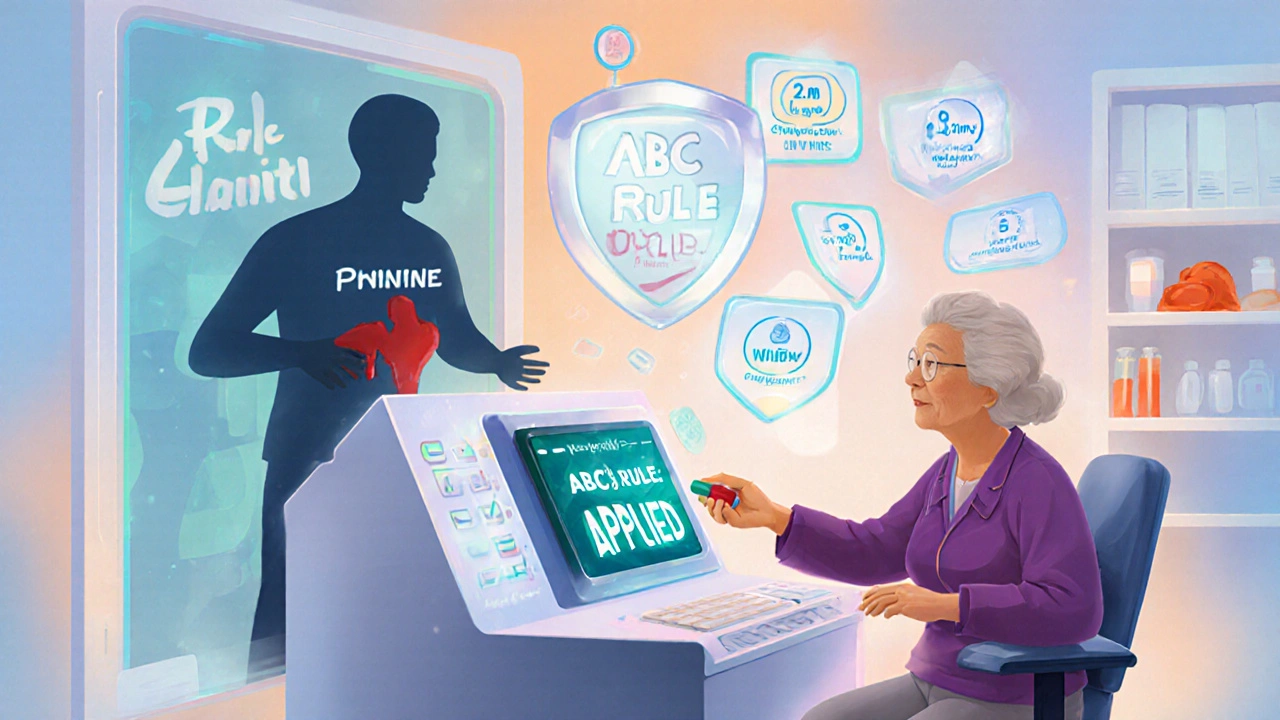 Pharmacist alerts correct apixaban dose using age, weight, and creatinine criteria in a medical control room.