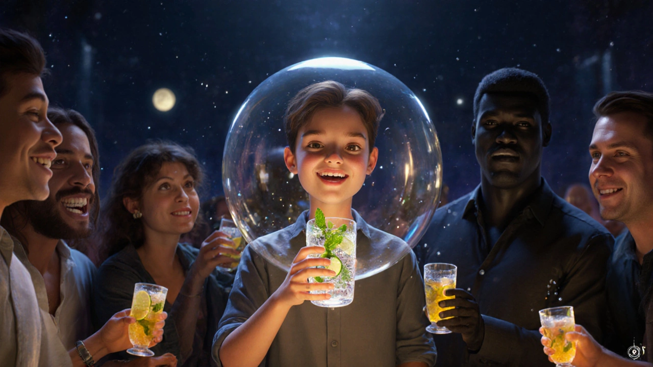 Someone choosing water over alcohol at a party, with healing energy glowing around them.