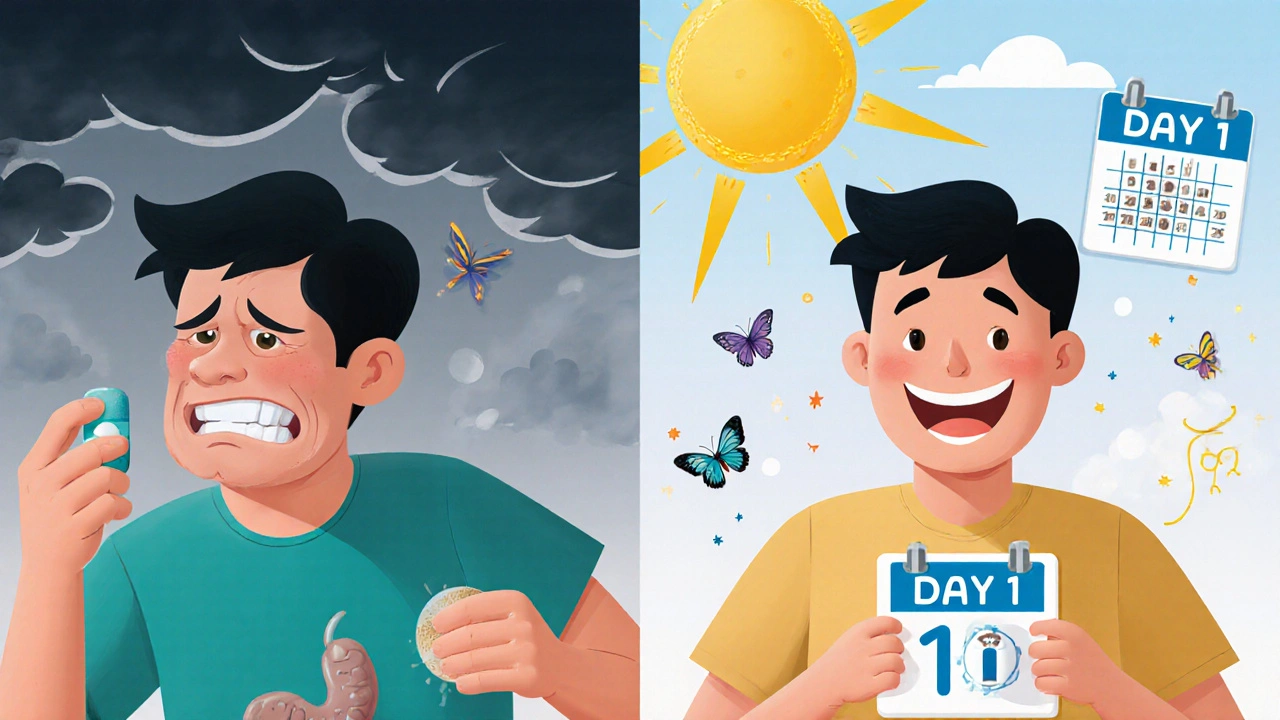 Split image: person suffering from side effects vs. same person feeling better after switching to extended-release metformin.