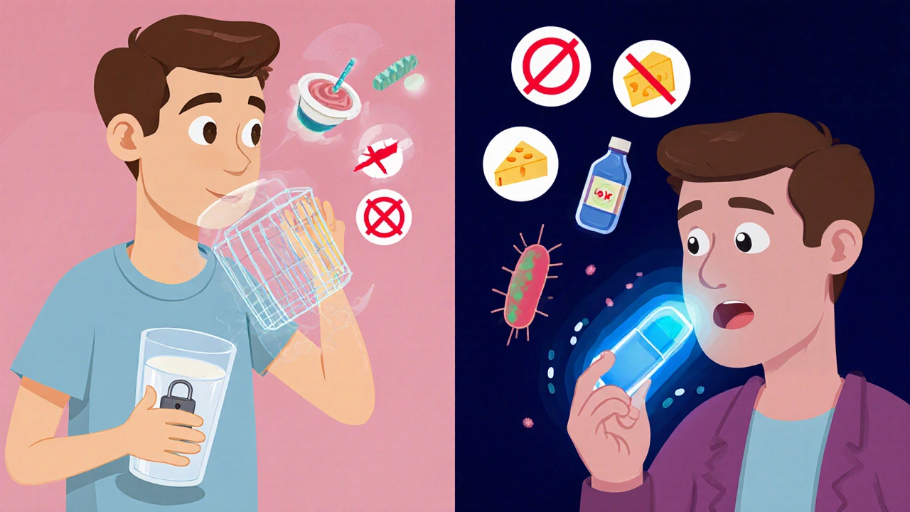 Split scene: antibiotic blocked by dairy on left, effective absorption on right with glowing blue light.
