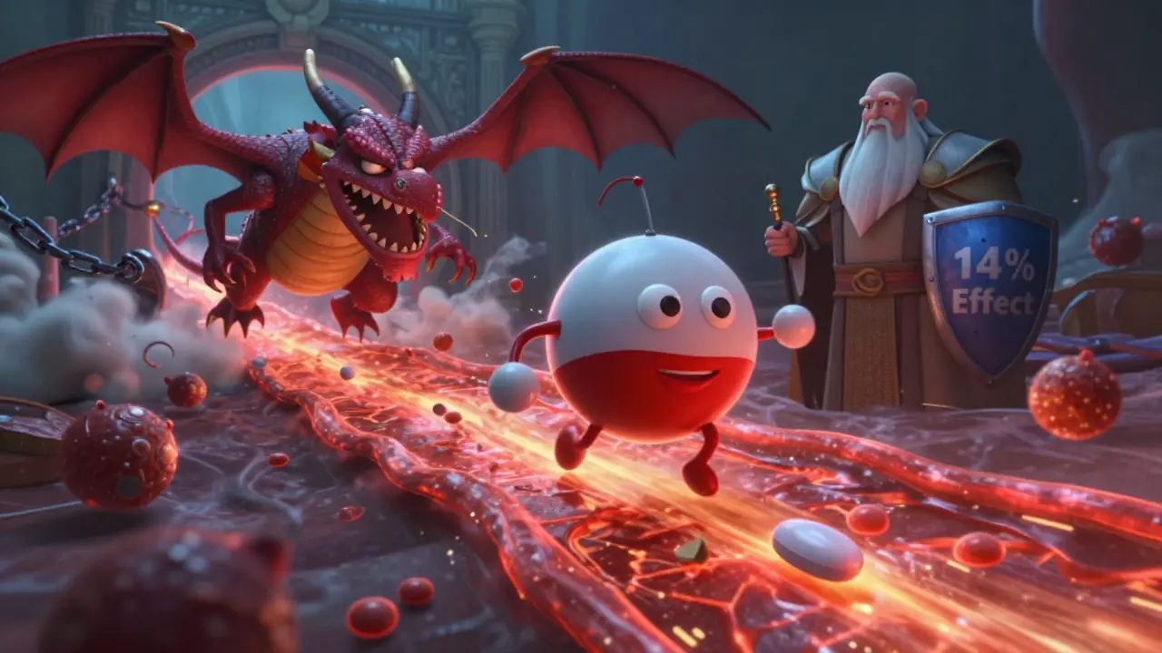 A clopidogrel superhero battling a dragon-like omeprazole villain in the bloodstream, guarded by a knight labeled 'Pantoprazole'.