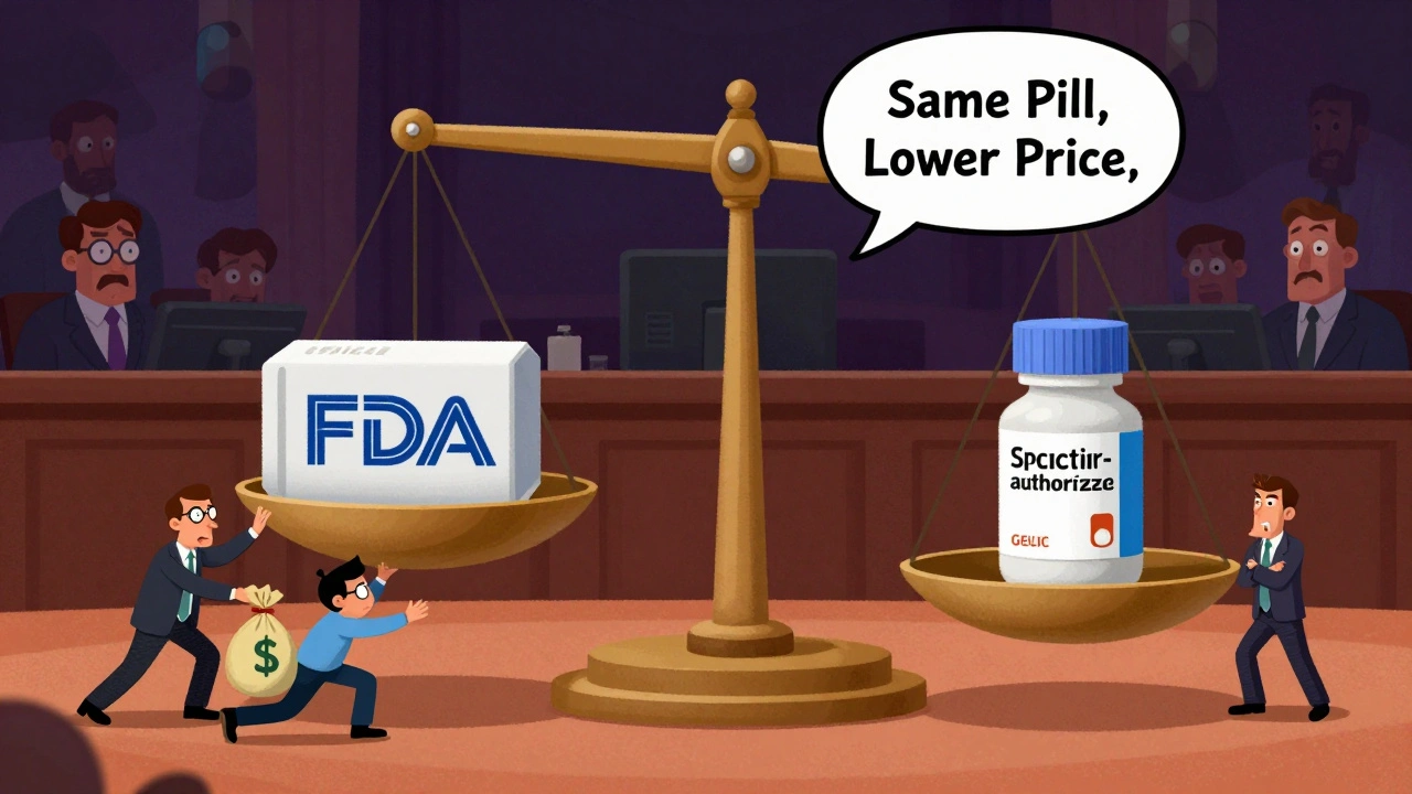 A courtroom scale balancing a brand drug and authorized generic, with a patient standing confidently as corporate figures try to cheat.