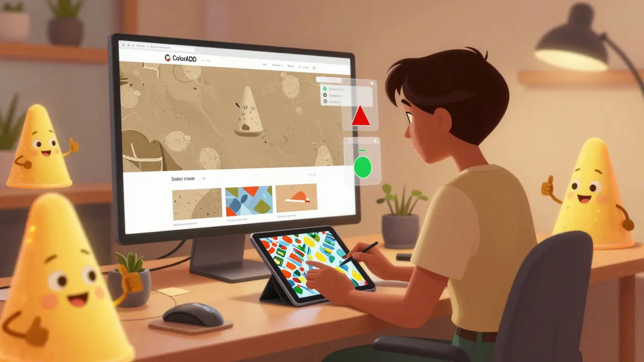 A designer adds patterns to a website while translucent color-blind views float above, with symbolic icons nearby.