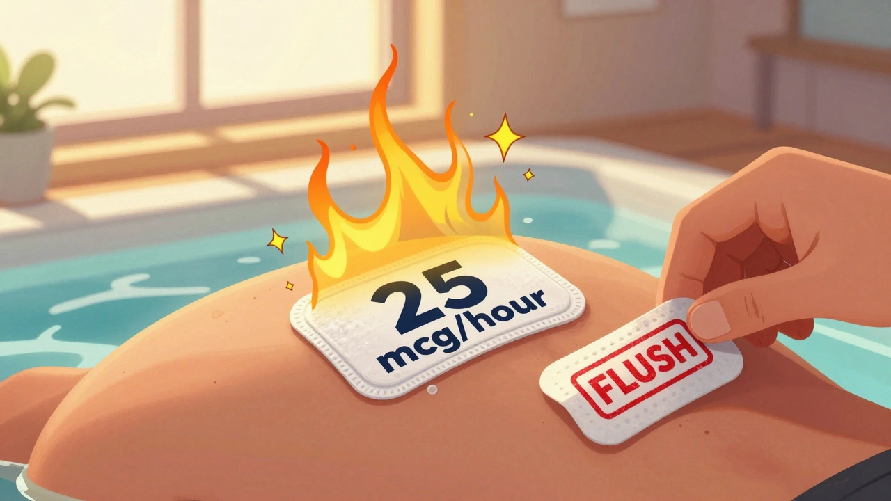 A fentanyl patch on skin with a heat wave rising, warning label showing hourly dosage and folded used patch with &#039;FLUSH&#039; stamp.