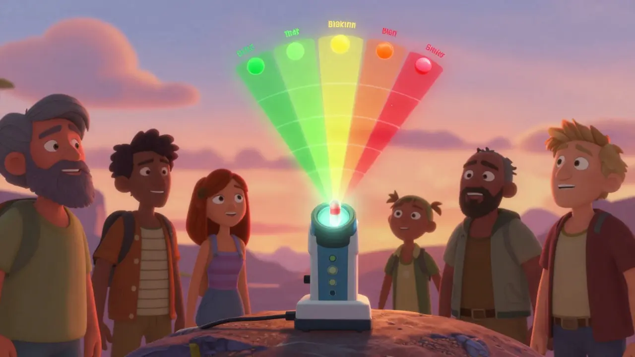 A glowing device scans an expired pill, projecting a color-coded safety matrix as survivors watch in hope under a sunset.