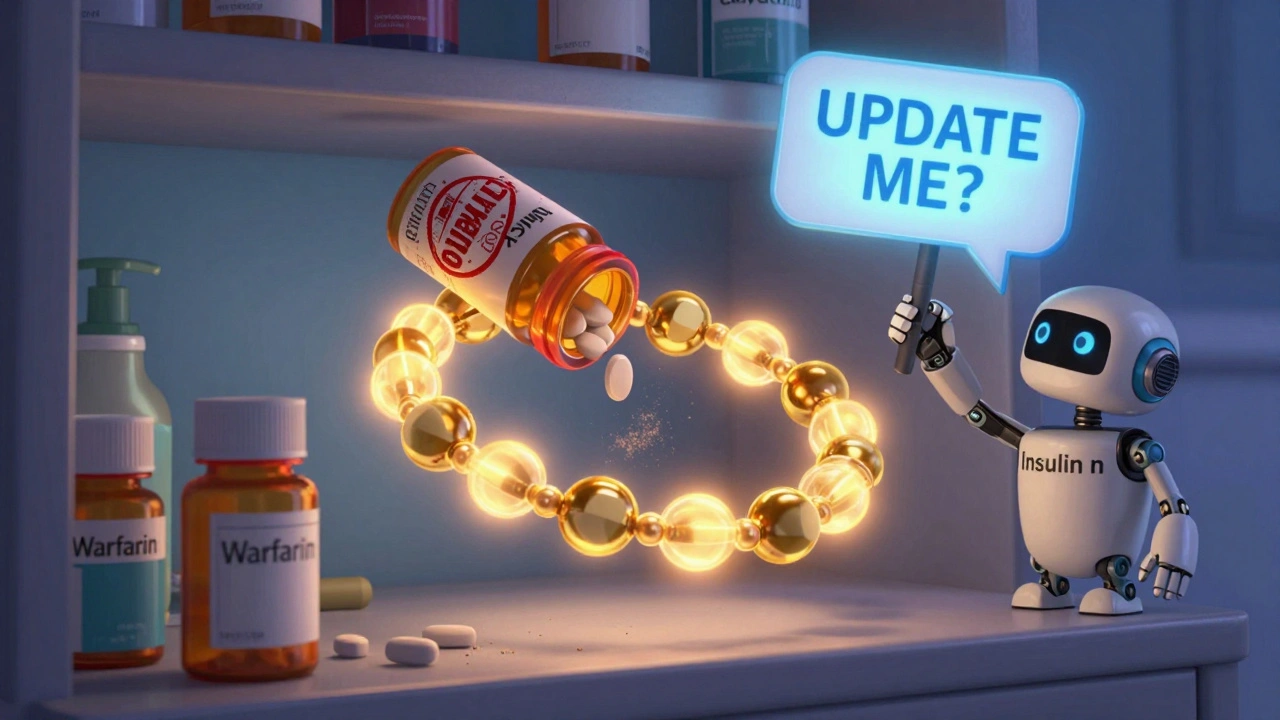 A glowing medical bracelet hovers above outdated pills, with a digital alert prompting update, in a stylized medicine cabinet.