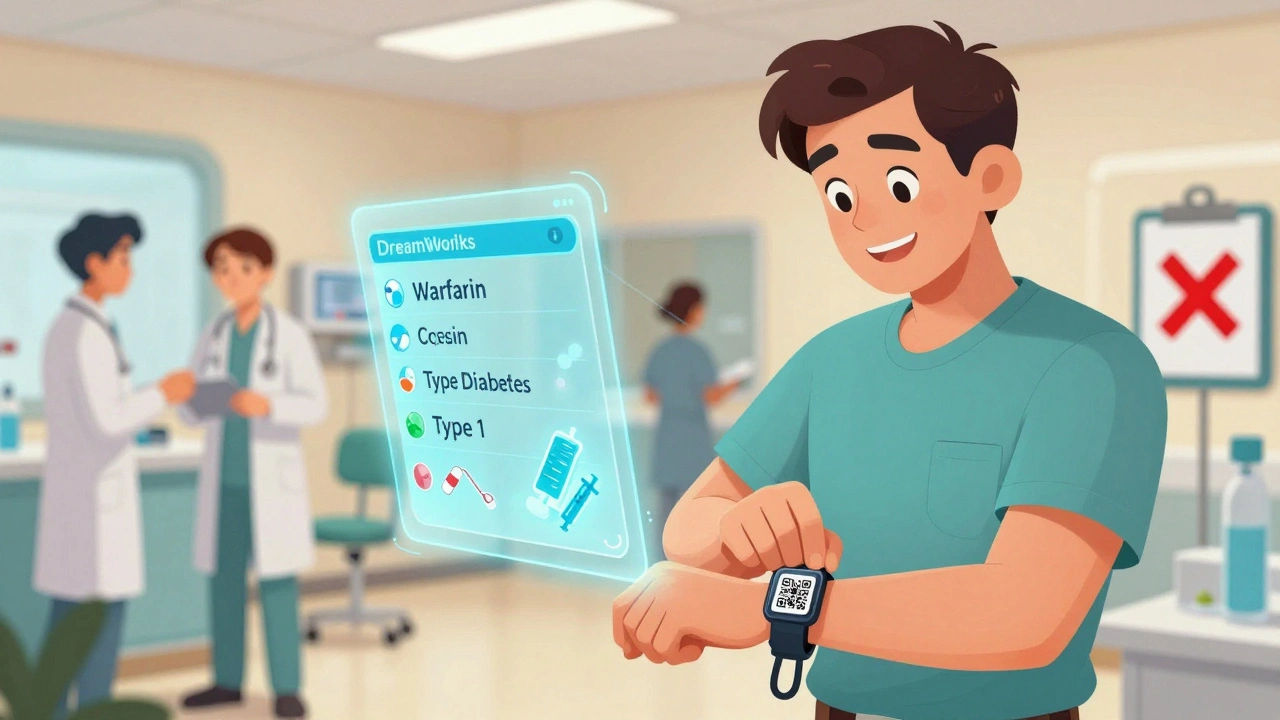 A man wears a QR-code medical bracelet that projects his medication details as a hologram, with doctors pausing in an ER.