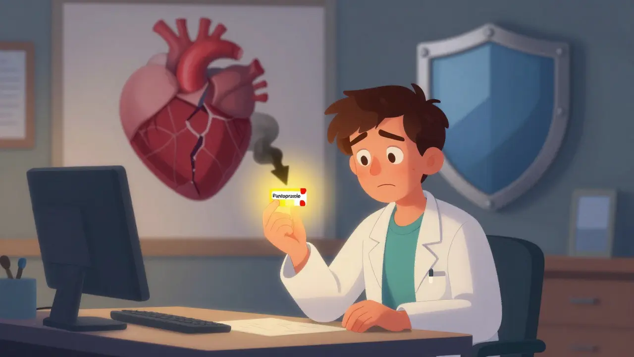 A patient at a doctor’s office comparing omeprazole and pantoprazole pills, with visual contrast between danger and safety.