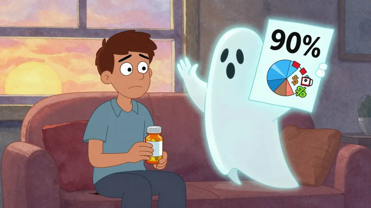 A patient at home with a floating brand pill and a pie chart showing savings turning into groceries, symbolizing trust in generics.