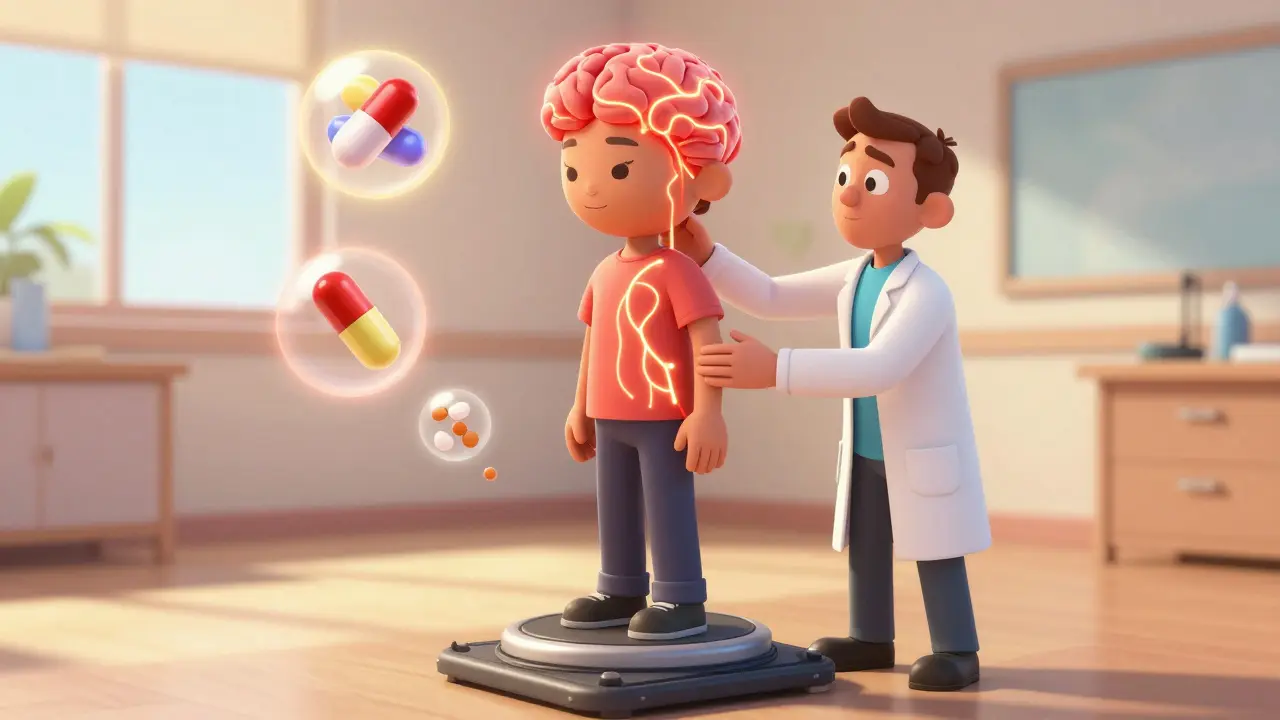 A patient doing balance exercises as glowing brain pathways light up, with medication icons floating nearby in DreamWorks style.