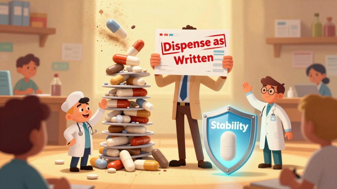 A patient holding a &#039;Dispense as Written&#039; prescription, with crumbling generic pills behind them and a protective shield over one stable pill.