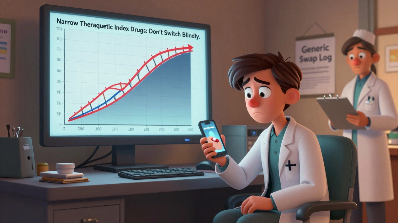 A patient in a doctor’s office with a phone showing a pill photo, while a graph spikes wildly behind them.